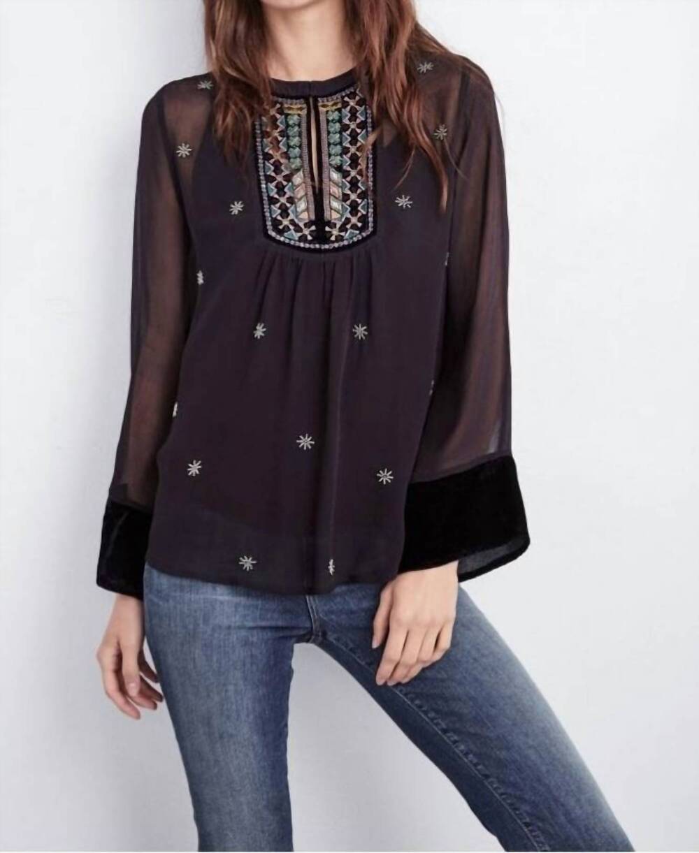 NEW VELVET BY GRAHAM & SPENCER becky beaded long sleeve silk top in black